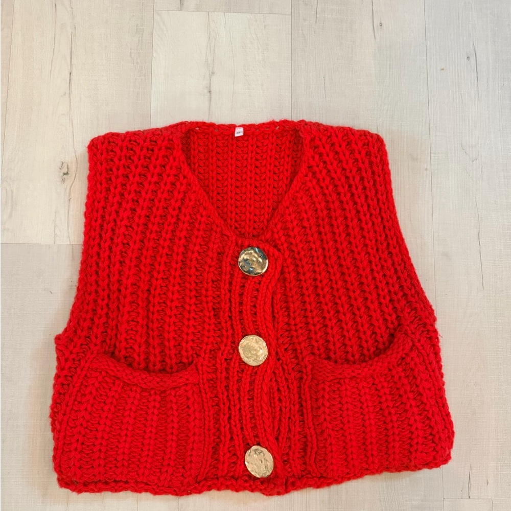 Red Chunky Knit Sweater Vest with Gold Buttons XS
